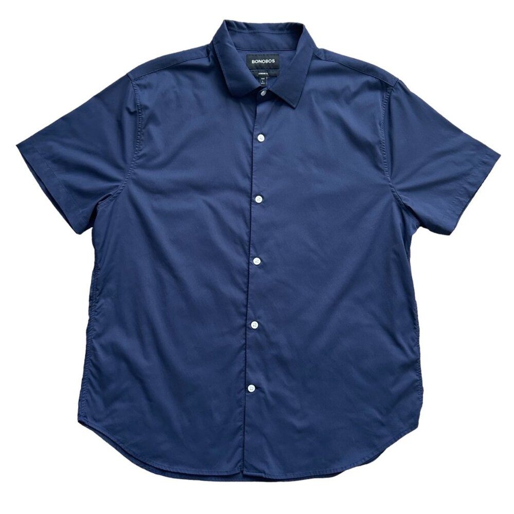 Bonobos Shirt Large Navy Blue Button Front Short Sleeve Stretch Shirt